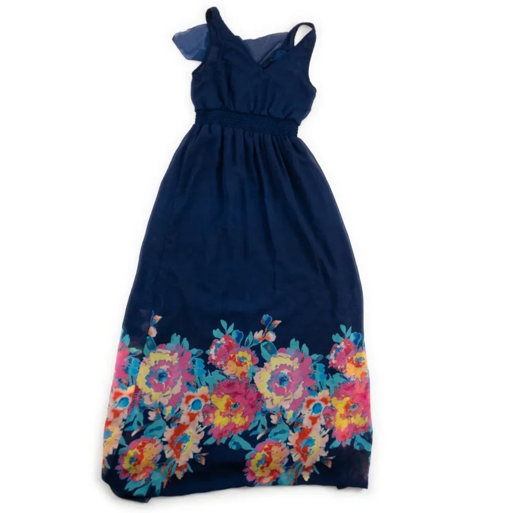 OLD NAVY blue sleeveless flutter v-neck full length floral dress size S - Picture 3 of 8